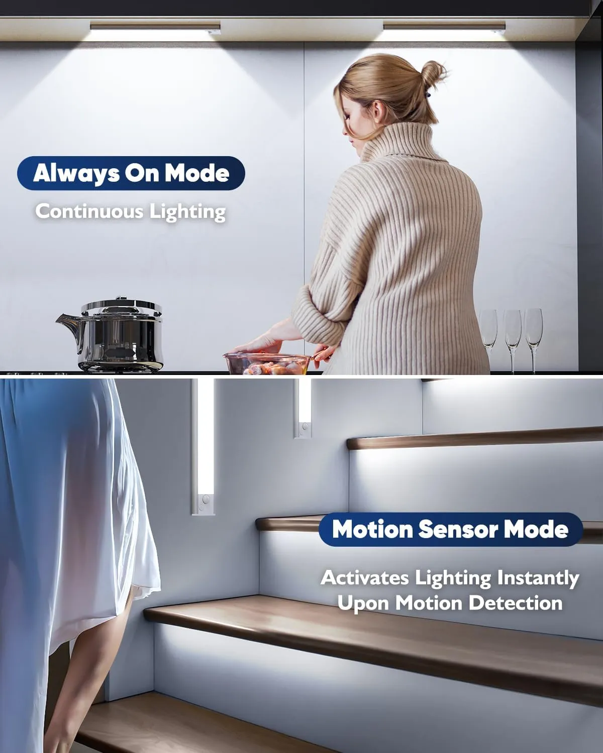 Under Cabinet Lighting, LED Battery Operated Rechargeable Motion Sensor Night Lights Indoor, 2200mAh Magnetic Wireless Closet Light, 6500K Dimmable Under Counter Lights for Kitchen, Stair, 3 Packs