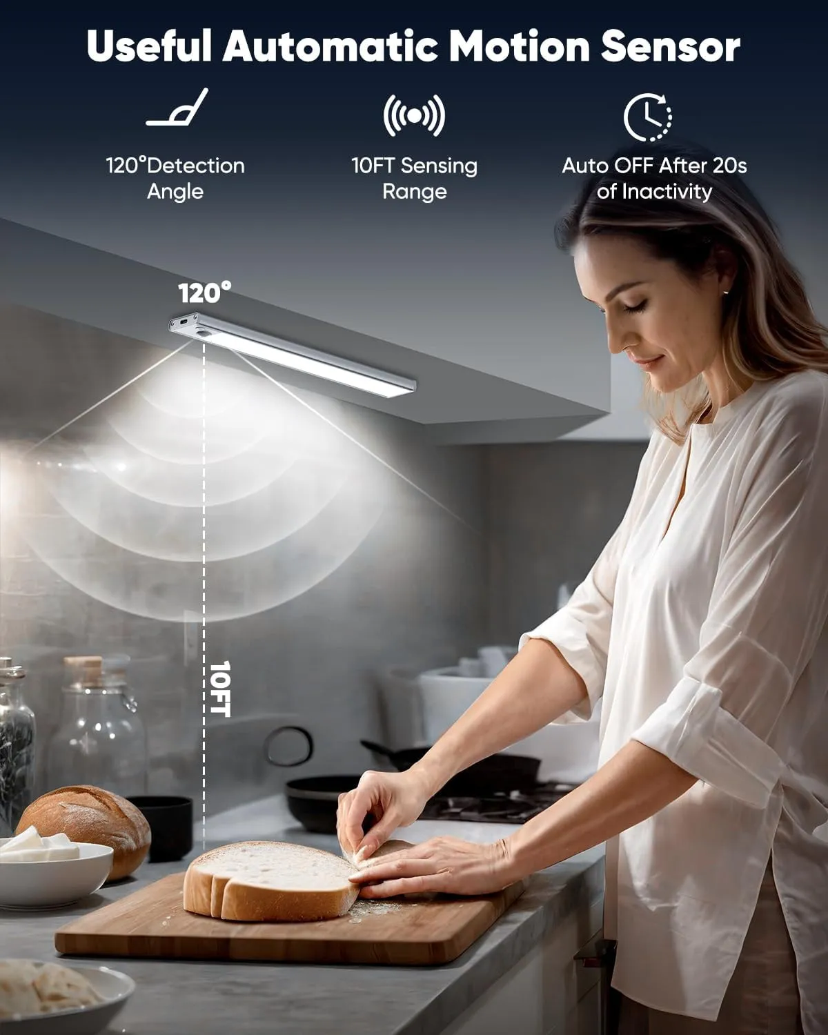 Under Cabinet Lighting, LED Battery Operated Rechargeable Motion Sensor Night Lights Indoor, 2200mAh Magnetic Wireless Closet Light, 6500K Dimmable Under Counter Lights for Kitchen, Stair, 3 Packs