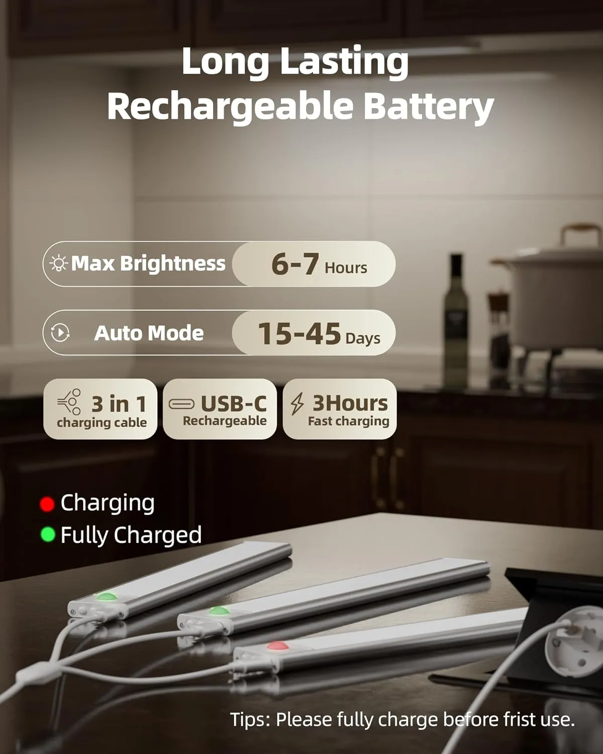 Under Cabinet Lighting, LED Motion Sensor Light Indoor, 1800mAh Rechargeable Closet Lights, Dimmable Under Cabinet Lights with 3 Color Temps, Wireless Under Counter Lights for Kitchen(6Pack)