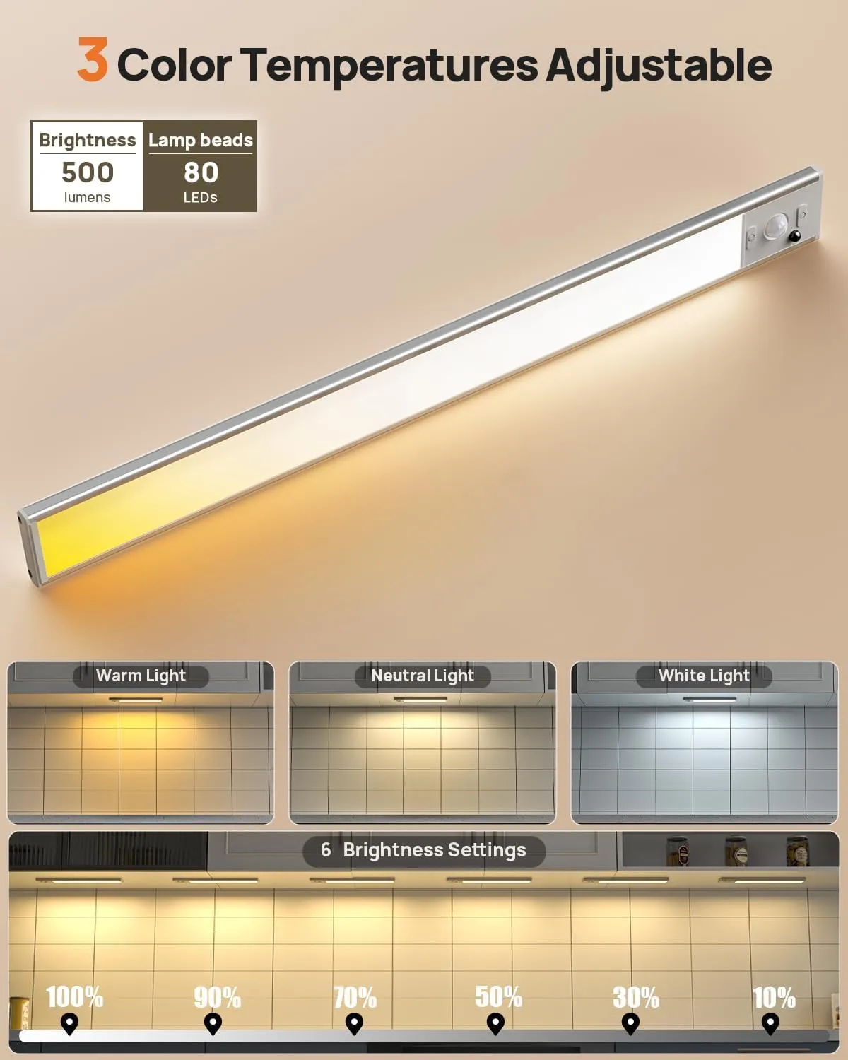Under Cabinet Lights, 160 LED Motion Sensor Light Indoor,4000mAh USB Rechargeable Closet Light with Remote Control,3 Color Temps Wireless Under Counter Lights for Bedroom,Kitchen,Stair,Pantry