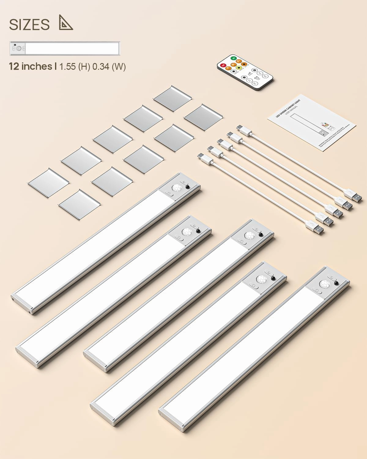 Under Cabinet Lights,12'' Rechargeable Battery 350 Lumens Motion Sensor Indoor Light Wireless Counter Light,3 Color Temperature Dimmable Closet Lighting with Remote Control for Kitchen,Stairs,Wardrobe