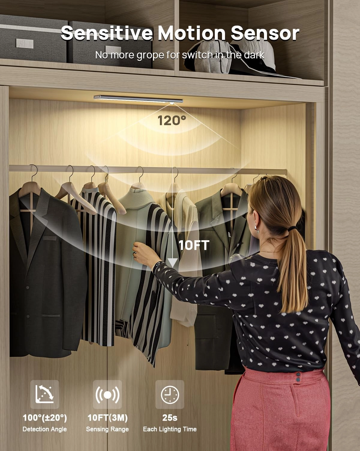 Under Cabinet Lights,12'' Rechargeable Battery 350 Lumens Motion Sensor Indoor Light Wireless Counter Light,3 Color Temperature Dimmable Closet Lighting with Remote Control for Kitchen,Stairs,Wardrobe