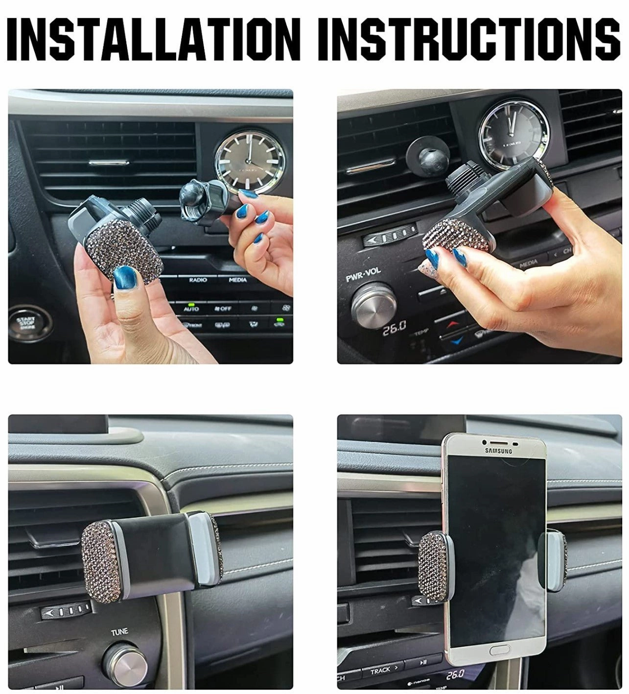 Universal Cell Phone Holder, 360° Adjustable Phone Holder with One Plus Air Vent Base, Car Interior Glass Decoration, for Windshield, Dashboard and Air Vent (Grey)