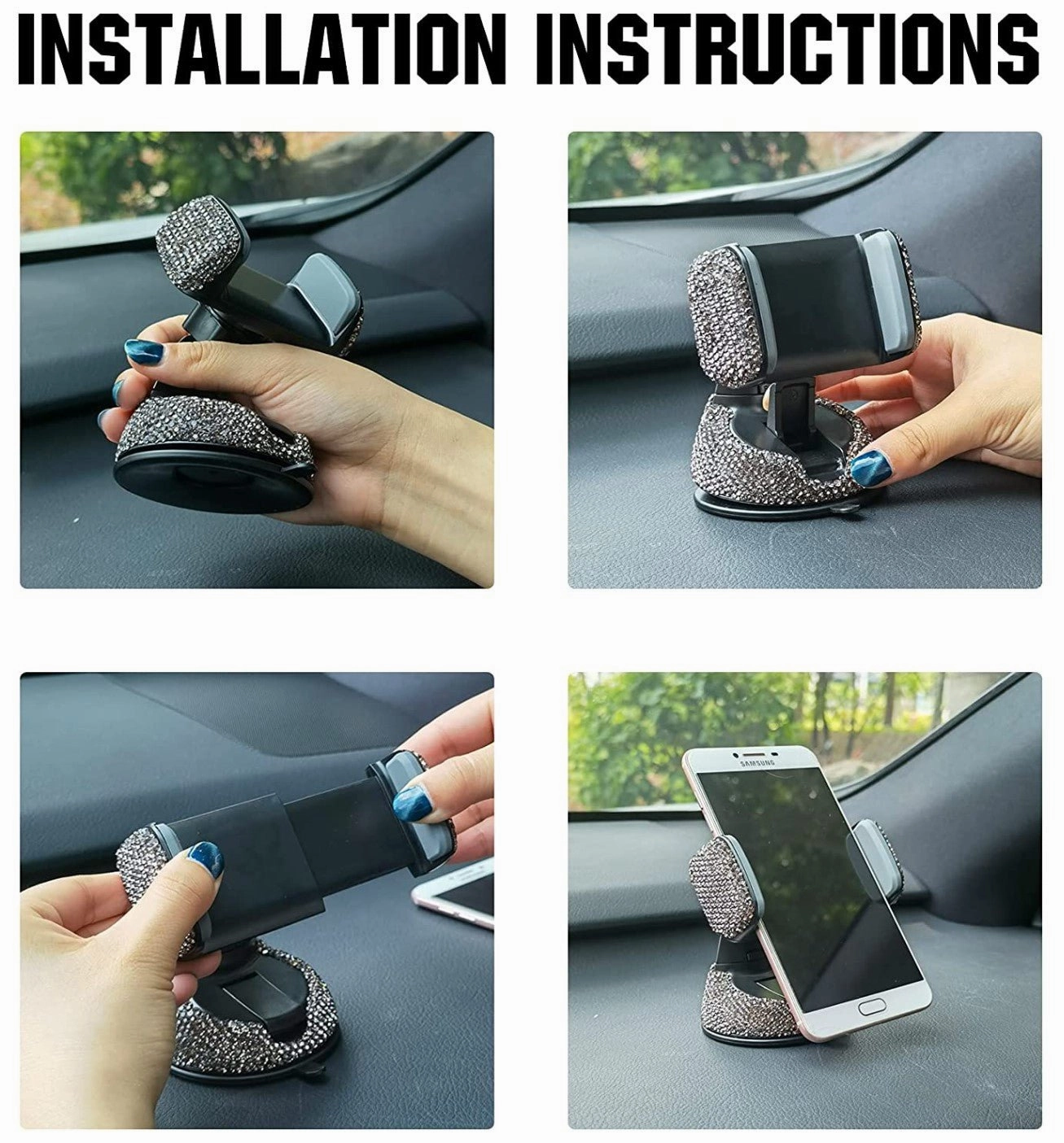 Universal Cell Phone Holder, 360° Adjustable Phone Holder with One Plus Air Vent Base, Car Interior Glass Decoration, for Windshield, Dashboard and Air Vent (Grey)