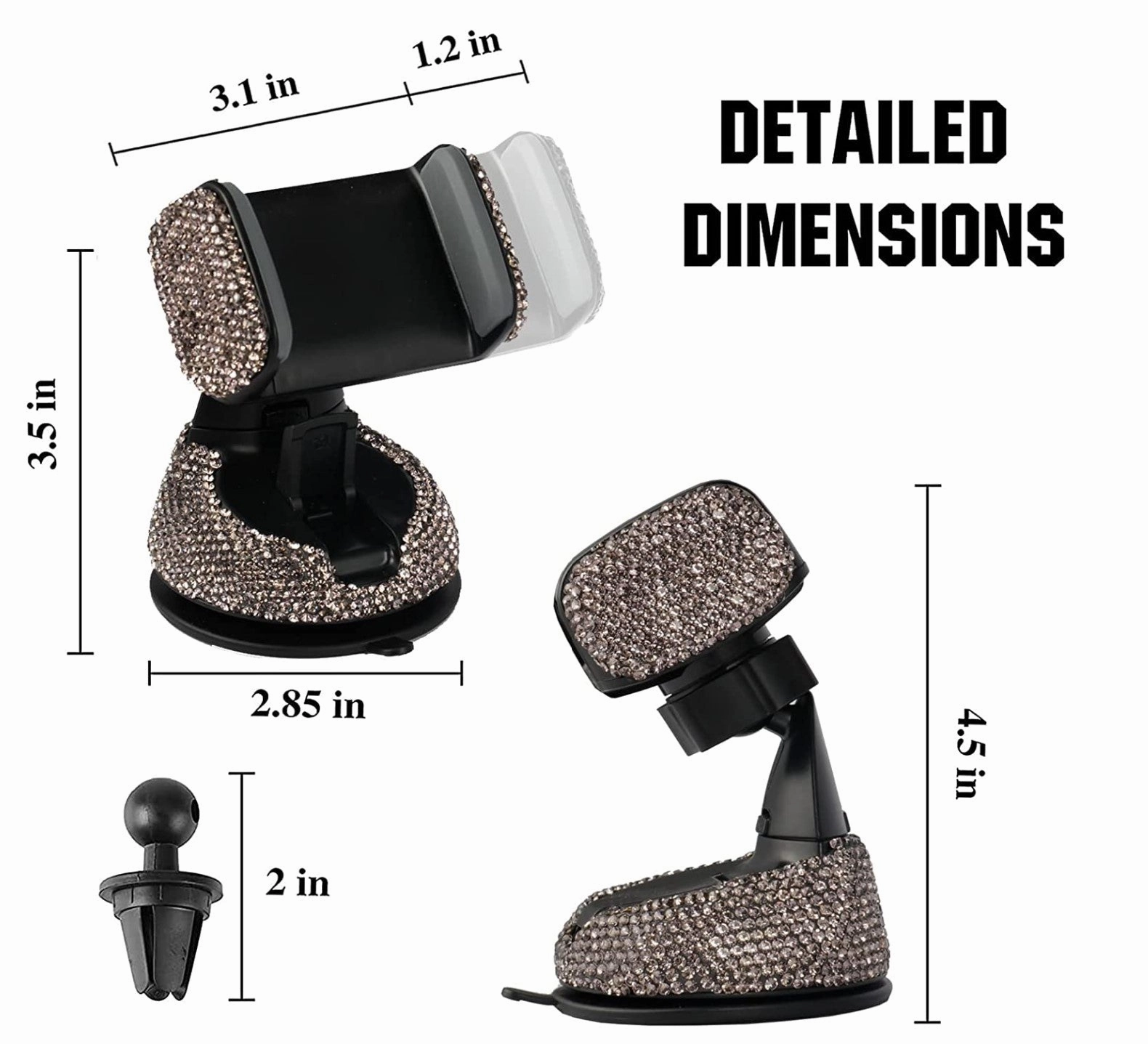 Universal Cell Phone Holder, 360° Adjustable Phone Holder with One Plus Air Vent Base, Car Interior Glass Decoration, for Windshield, Dashboard and Air Vent (Grey)