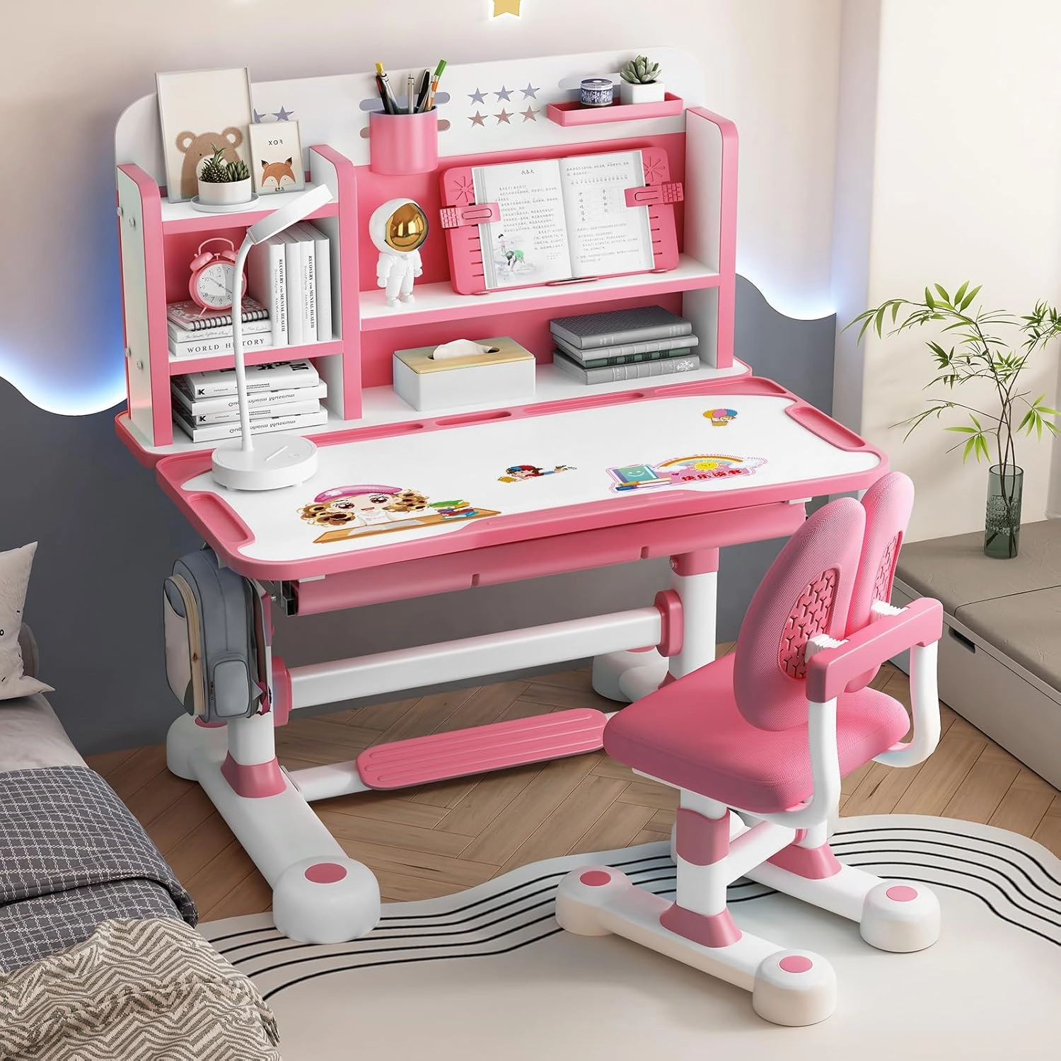 Upgraded Kid's Desk and Chair Set, Adjustable Children's Study Table with Bookshelf and Storage Drawer, 50-Degree Tiltable Desktop with Chair for Bedroom (Pink 117cm)