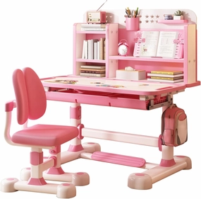 Upgraded Kid's Desk and Chair Set, Adjustable Children's Study Table with Bookshelf and Storage Drawer, 50-Degree Tiltable Desktop with Chair for Bedroom (Pink 117cm)
