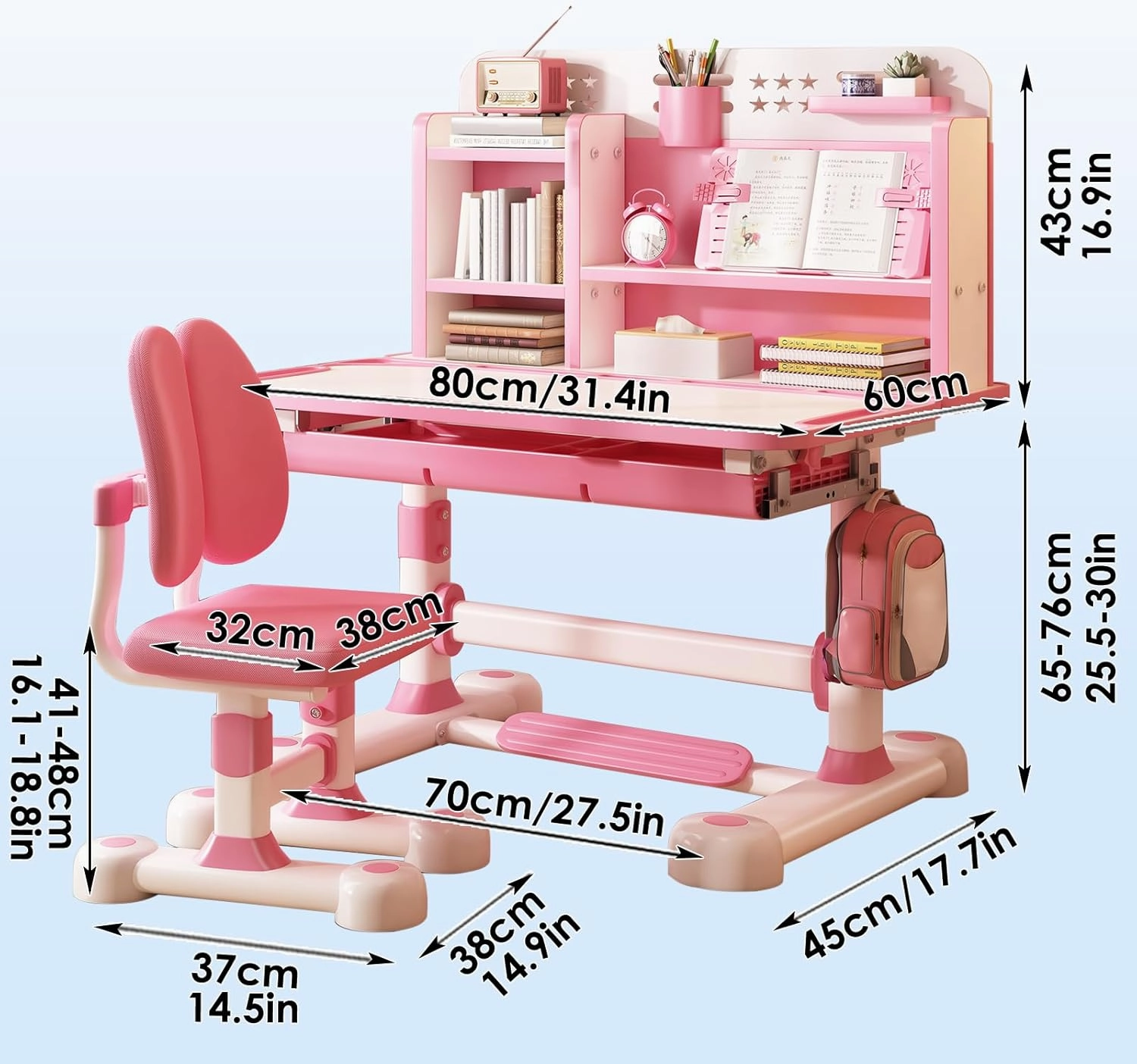 Upgraded Kid's Desk and Chair Set, Adjustable Children's Study Table with Bookshelf and Storage Drawer, 50-Degree Tiltable Desktop with Chair for Bedroom (Pink 117cm)