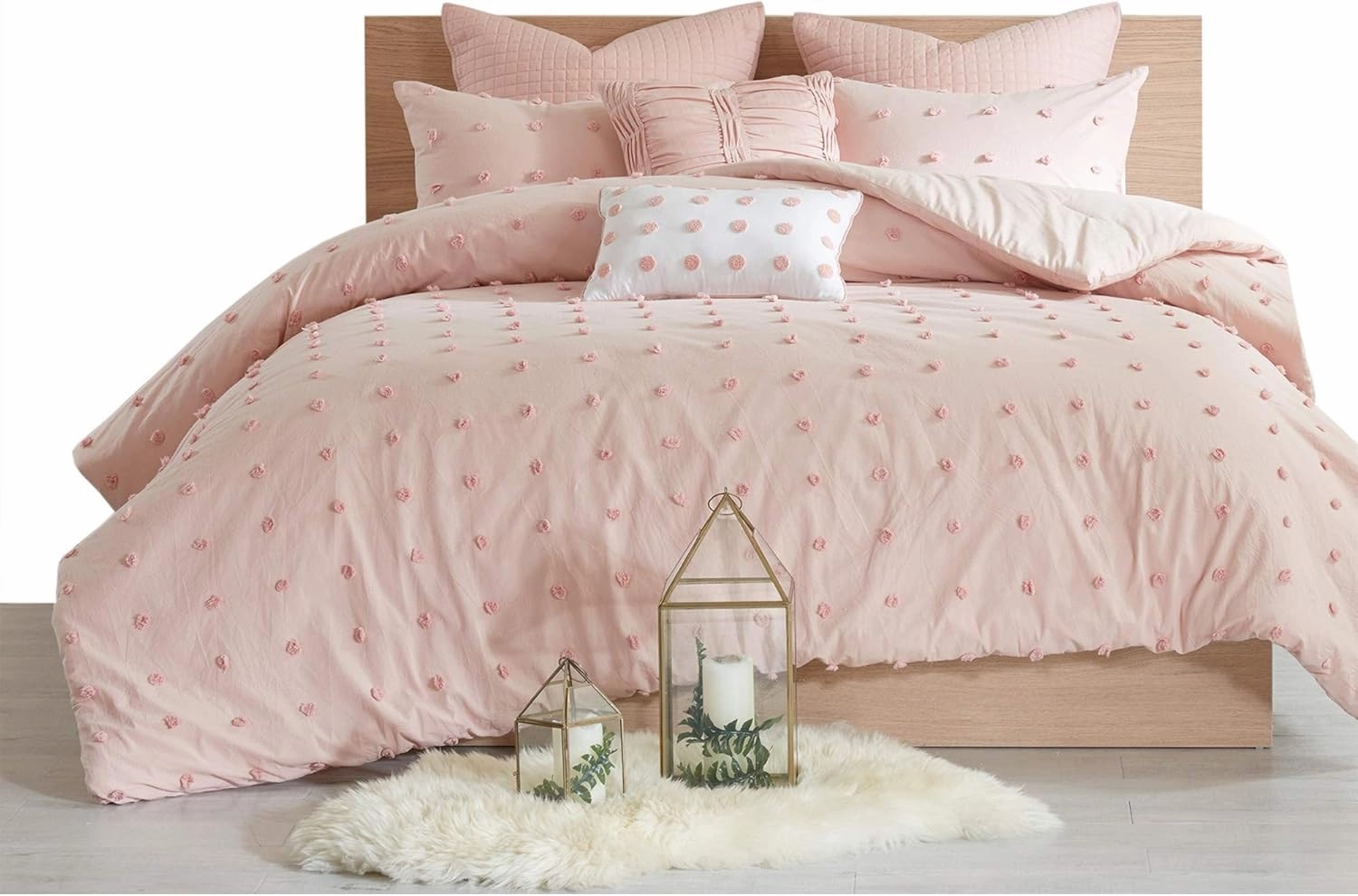 Urban Habitat Cotton Comforter Set Pink Jacquard Tufts Pom Pom Shabby Chic Boho Comforter Set Queen All Season Bedding Winter Beddys, Matching Shams, Decorative Pillows, Full (88 in x 92 in), 7 Piece