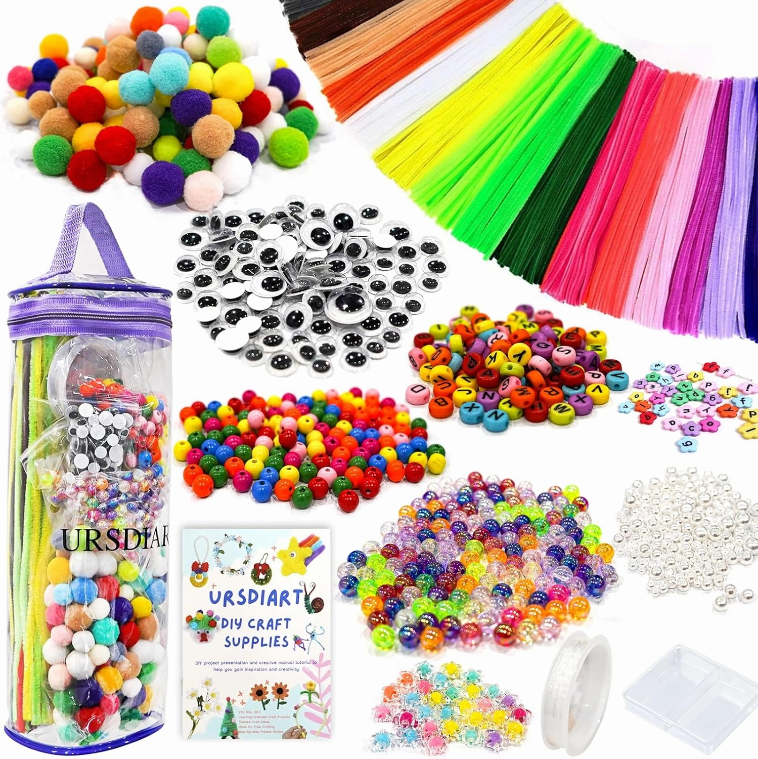 URSDIART 1000 Pcs Art and Craft Supplies, Colored Beads and Pipe Cleaners Crafts, Art Supplies DIY Craft Kit Beads for Bracelets Making Jewelry Necklace, Gift for Girls and School Supplies