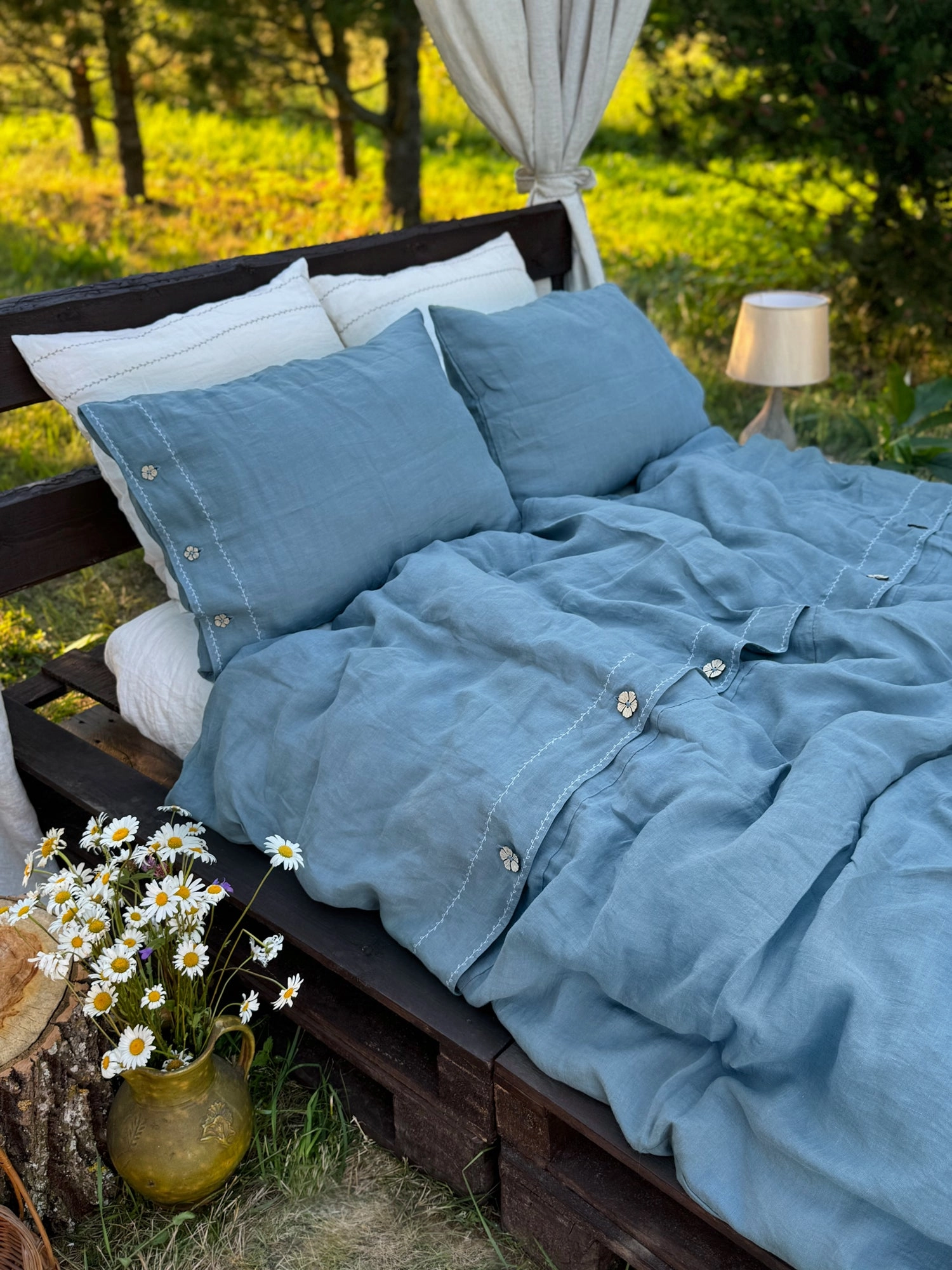 US size bedding set with White Embroidery. Dark colors options. Top closure for bed sheets