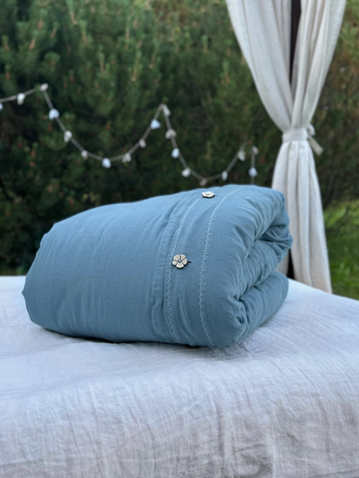 US size bedding set with White Embroidery. Dark colors options. Top closure for bed sheets