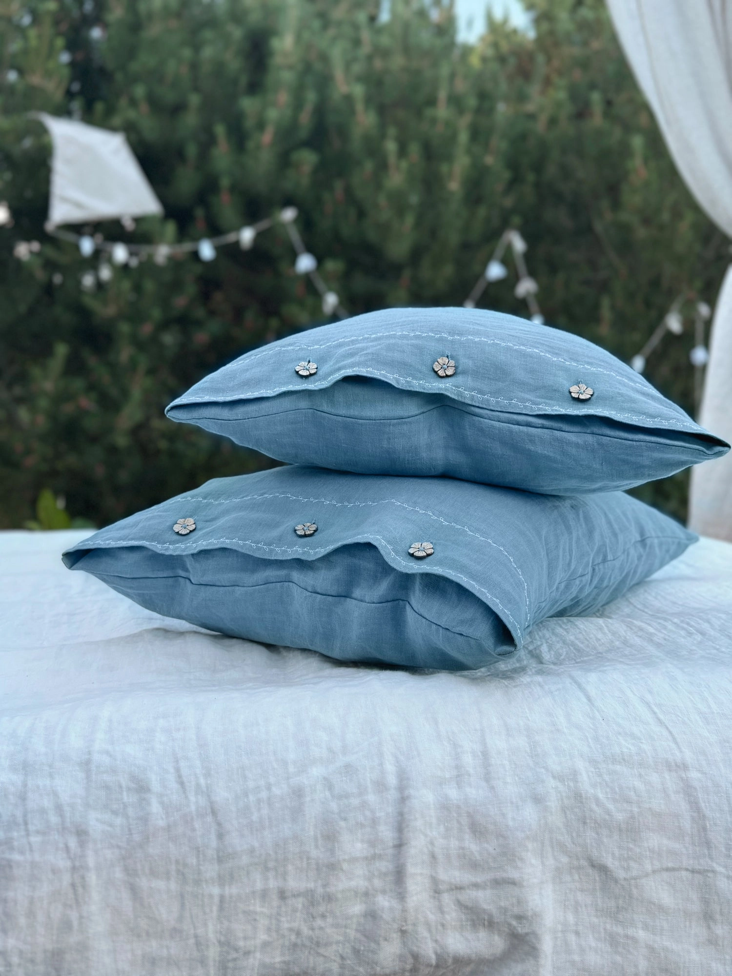 US size bedding set with White Embroidery. Dark colors options. Top closure for bed sheets