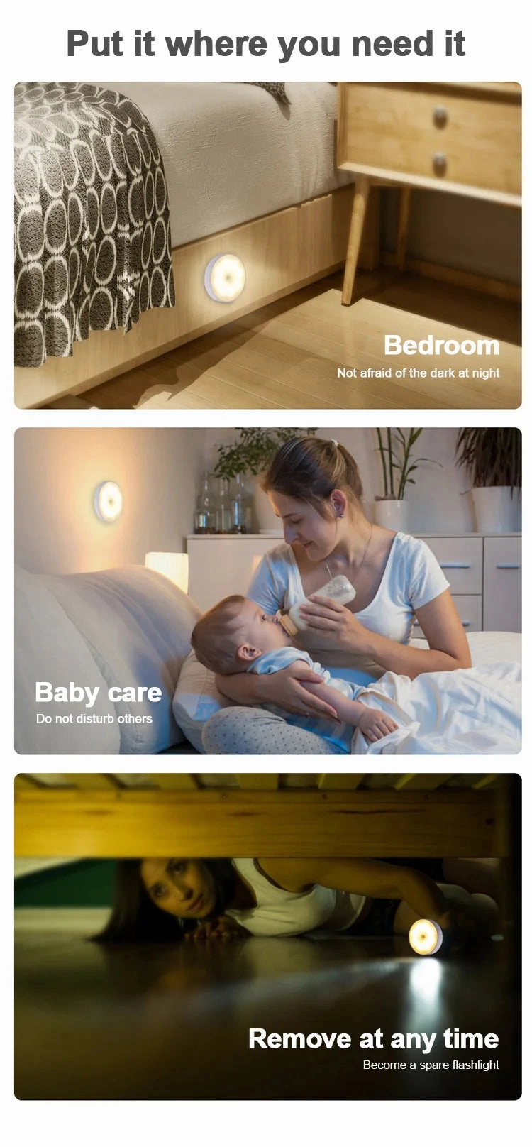USB Rechargeable PIR Motion Sensor LED Night Light for Closet, Cabinet, Wardrobe, Staircase, Kitchen