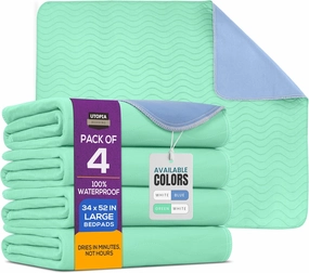 Utopia Bedding Washable Pee Pads for Dogs 34" x 52" (Pack of 4), Waterproof Incontinence Bed Pads for Adults, Elderly and Kids, Heavy Absorbency Pet Training Pads for Sofa and Couch (Green,Blue)