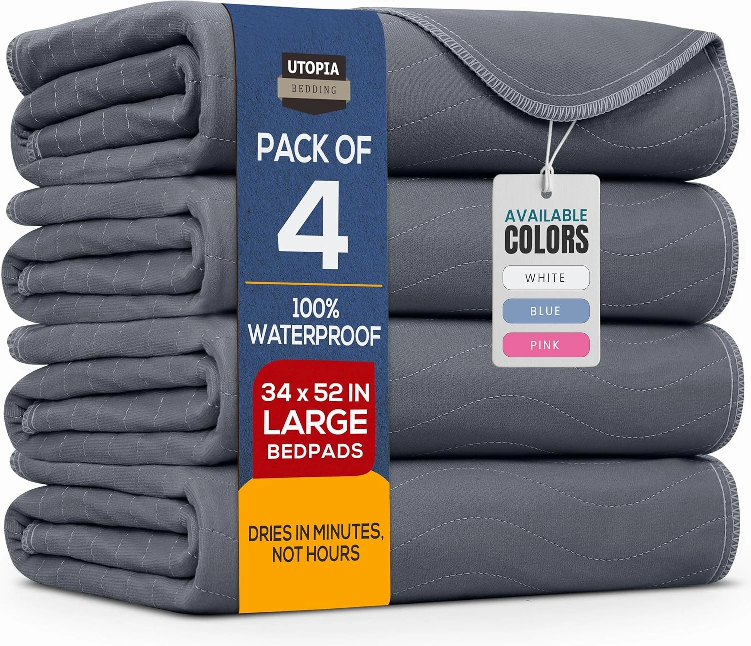 Utopia Bedding Washable Underpads 34" x 52" (Pack of 4), Waterproof Reusable Heavy Absorbency Incontinence Bed Pads for Adults, Kids, Elderly and Pets, Bedwetting Pads for Sofa and Couch (Grey)