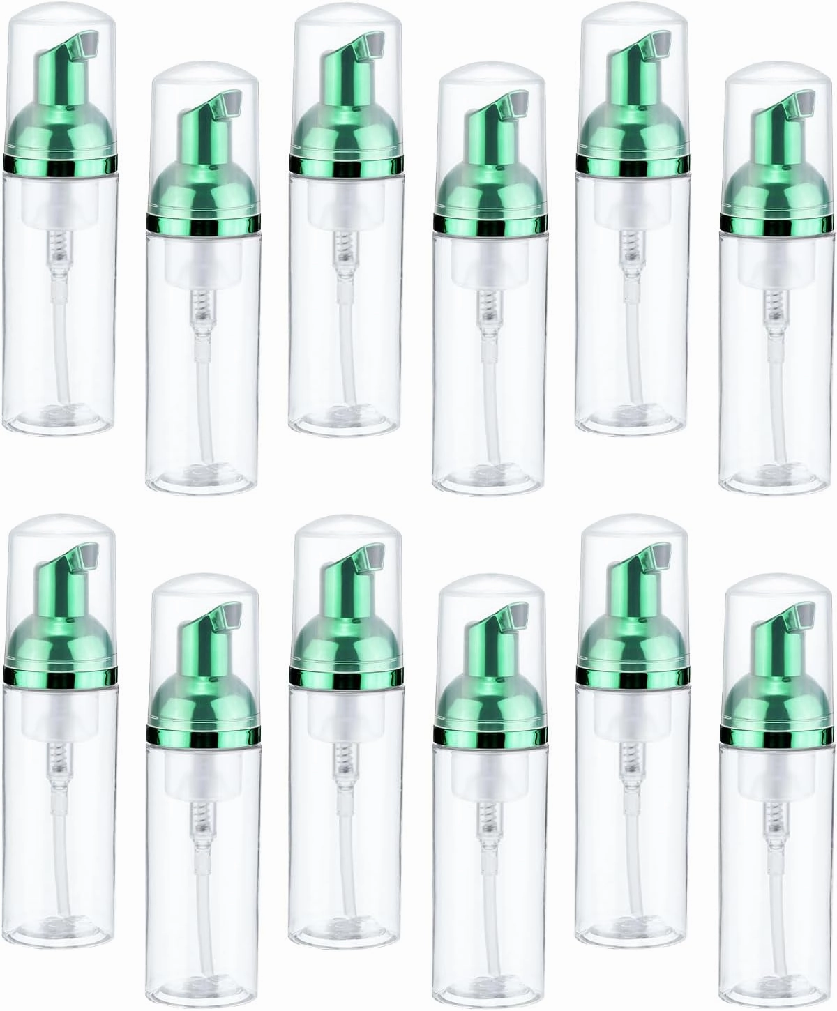 uxcell 2 Oz / 60ml Empty Foam Pump Bottle, 12 PCS Travel Foam Soap Dispenser, Empty Refillable Plastic Pump Bottle for Lash Shampoo, Hand Soap, Clear/Green