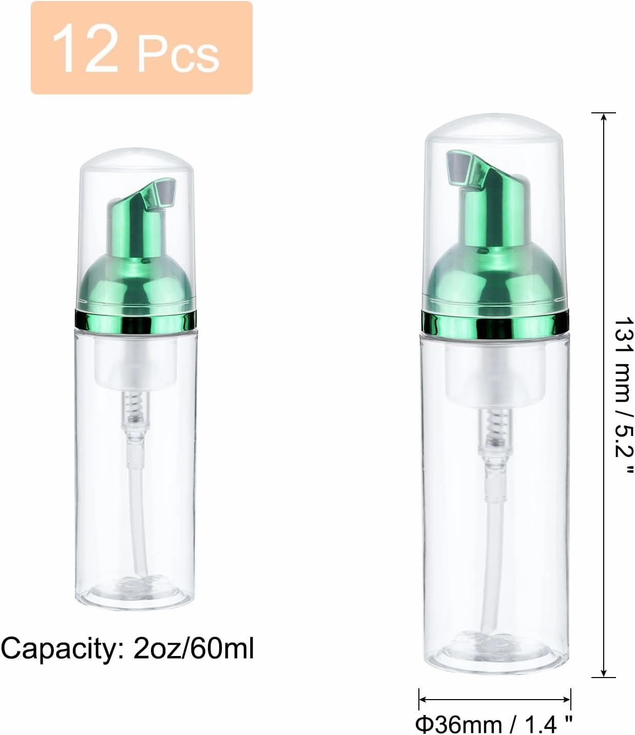 uxcell 2 Oz / 60ml Empty Foam Pump Bottle, 12 PCS Travel Foam Soap Dispenser, Empty Refillable Plastic Pump Bottle for Lash Shampoo, Hand Soap, Clear/Green