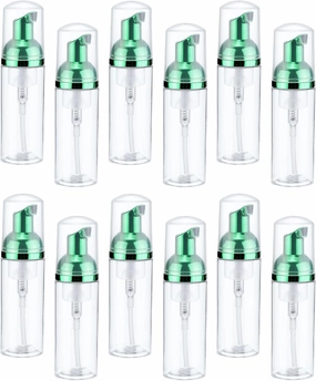 uxcell 2 Oz / 60ml Empty Foam Pump Bottle, 12 PCS Travel Foam Soap Dispenser, Empty Refillable Plastic Pump Bottle for Lash Shampoo, Hand Soap, Clear/Green