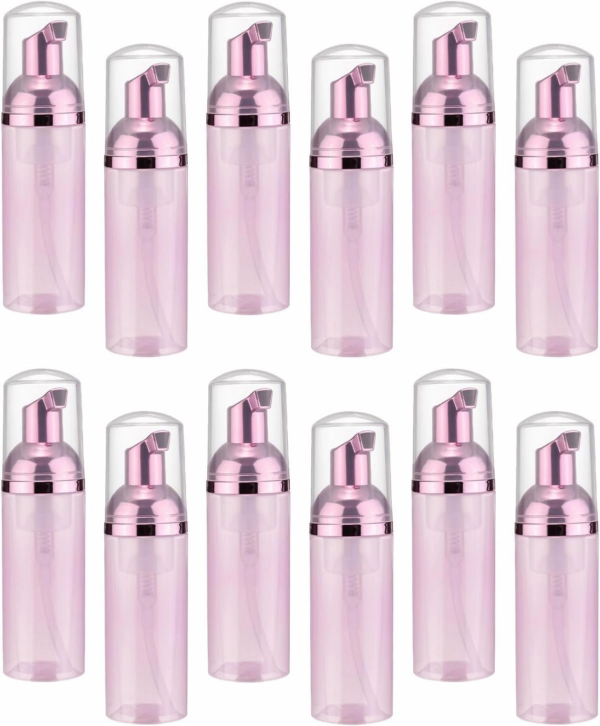 uxcell 2 Oz / 60ml Empty Foam Pump Bottle, 12 PCS Travel Foam Soap Dispenser, Empty Refillable Plastic Pump Bottle for Lash Shampoo, Hand Soap, Clear Pink/Pink Rose