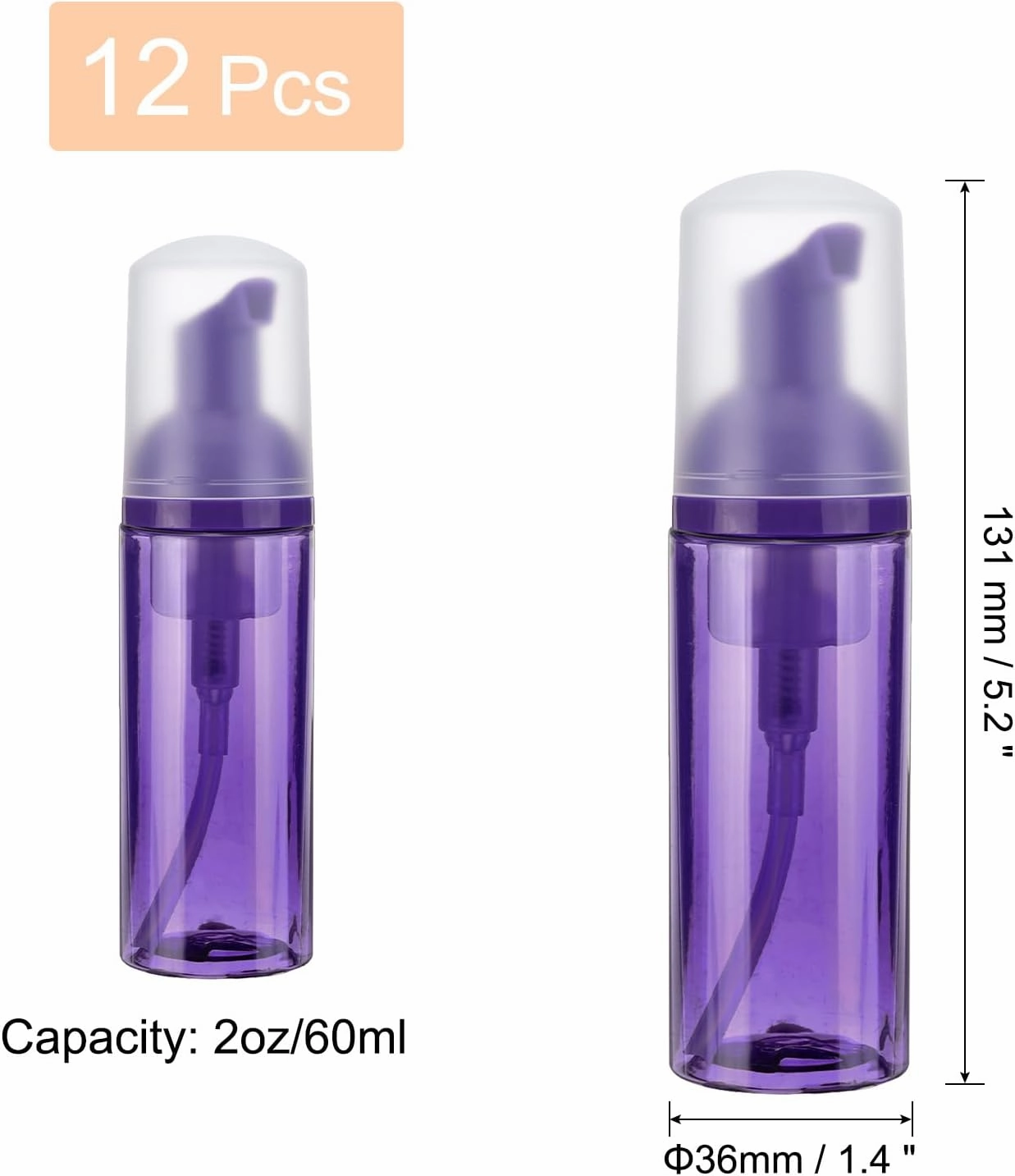 uxcell 2 Oz / 60ml Empty Foam Pump Bottle, 12 PCS Travel Foam Soap Dispenser, Empty Refillable Plastic Pump Bottle for Lash Shampoo, Hand Soap, Clear Purple/Purple