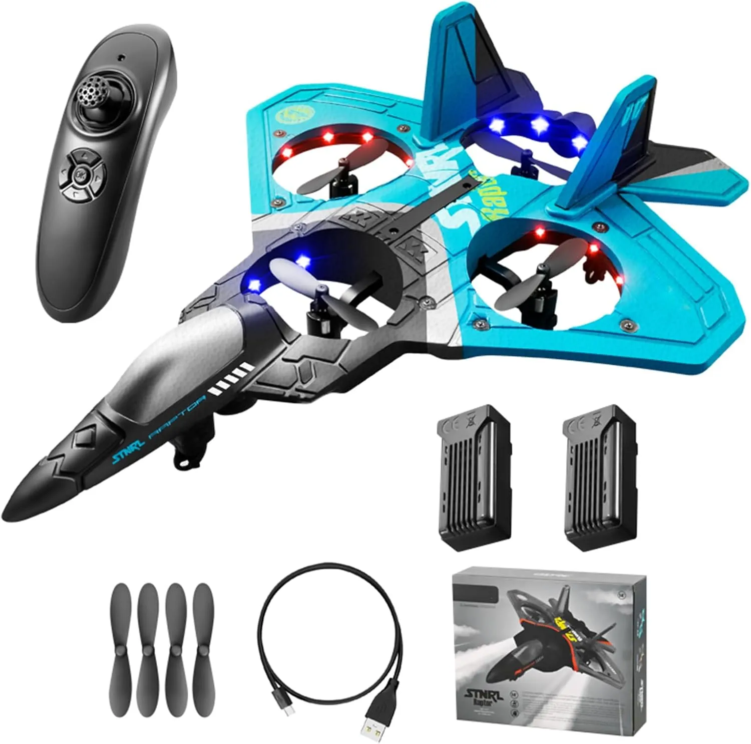 V17 Jet Fighter Stunt RC Airplane,V17 Remote Control Plane 2.4Ghz Foam RC Airplanes Helicopter quadcopter for Adults Kids,Spinning Drone,Gravity Sensing,Stunt Roll,Cool Light (Blue 2pcs Battery)