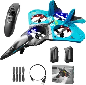 V17 Jet Fighter Stunt RC Airplane,V17 Remote Control Plane 2.4Ghz Foam RC Airplanes Helicopter quadcopter for Adults Kids,Spinning Drone,Gravity Sensing,Stunt Roll,Cool Light (Blue 2pcs Battery)