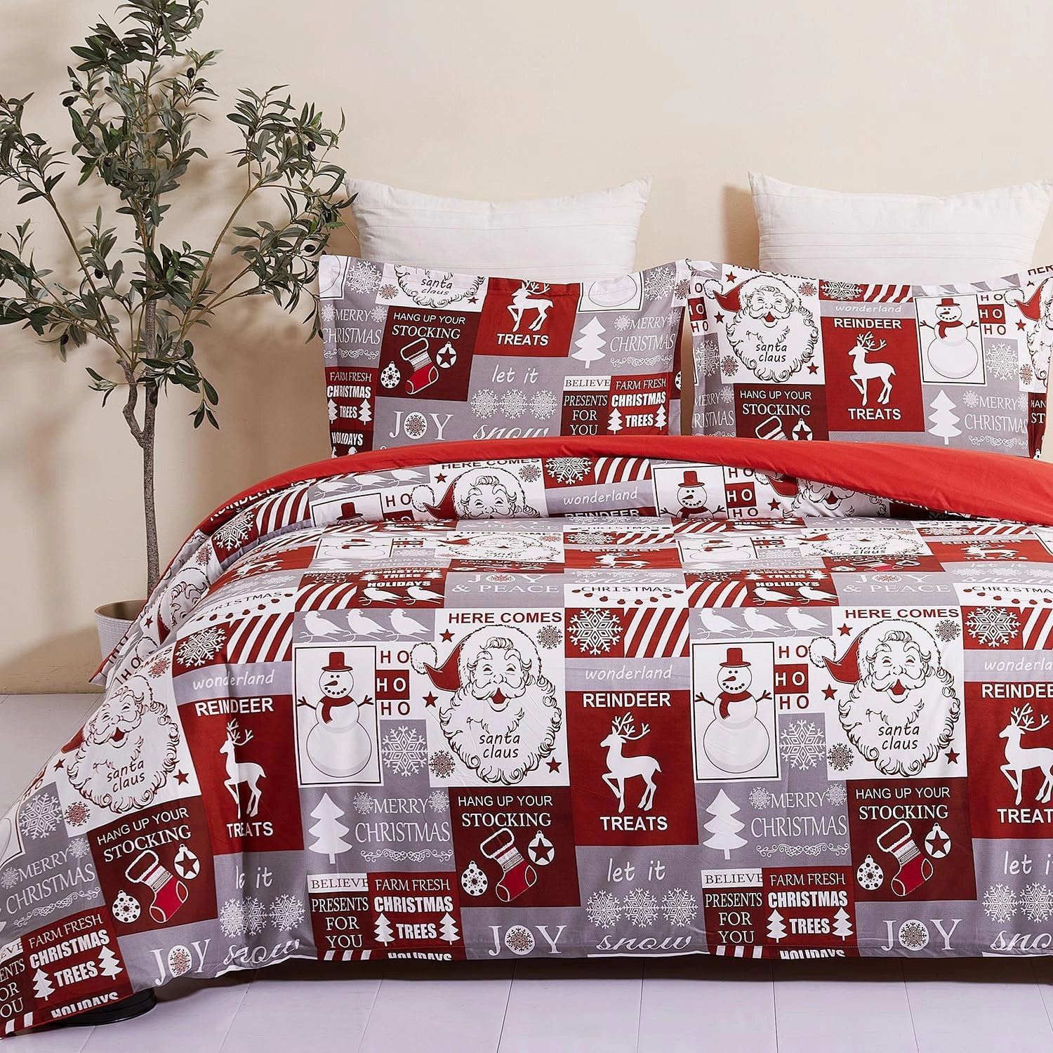 Vaulia Christmas Duvet Cover Set Twin Size, Snowflake White Red Santa Plaid Comforter Cover, Reversible Lightweight 3 Piece Bedding Set with 1 Duvet Cover 2 Pillow Shams