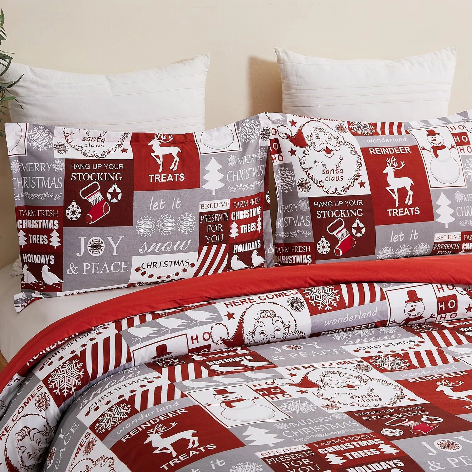 Vaulia Christmas Duvet Cover Set Twin Size, Snowflake White Red Santa Plaid Comforter Cover, Reversible Lightweight 3 Piece Bedding Set with 1 Duvet Cover 2 Pillow Shams