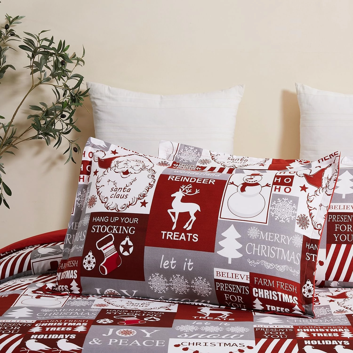 Vaulia Christmas Duvet Cover Set Twin Size, Snowflake White Red Santa Plaid Comforter Cover, Reversible Lightweight 3 Piece Bedding Set with 1 Duvet Cover 2 Pillow Shams
