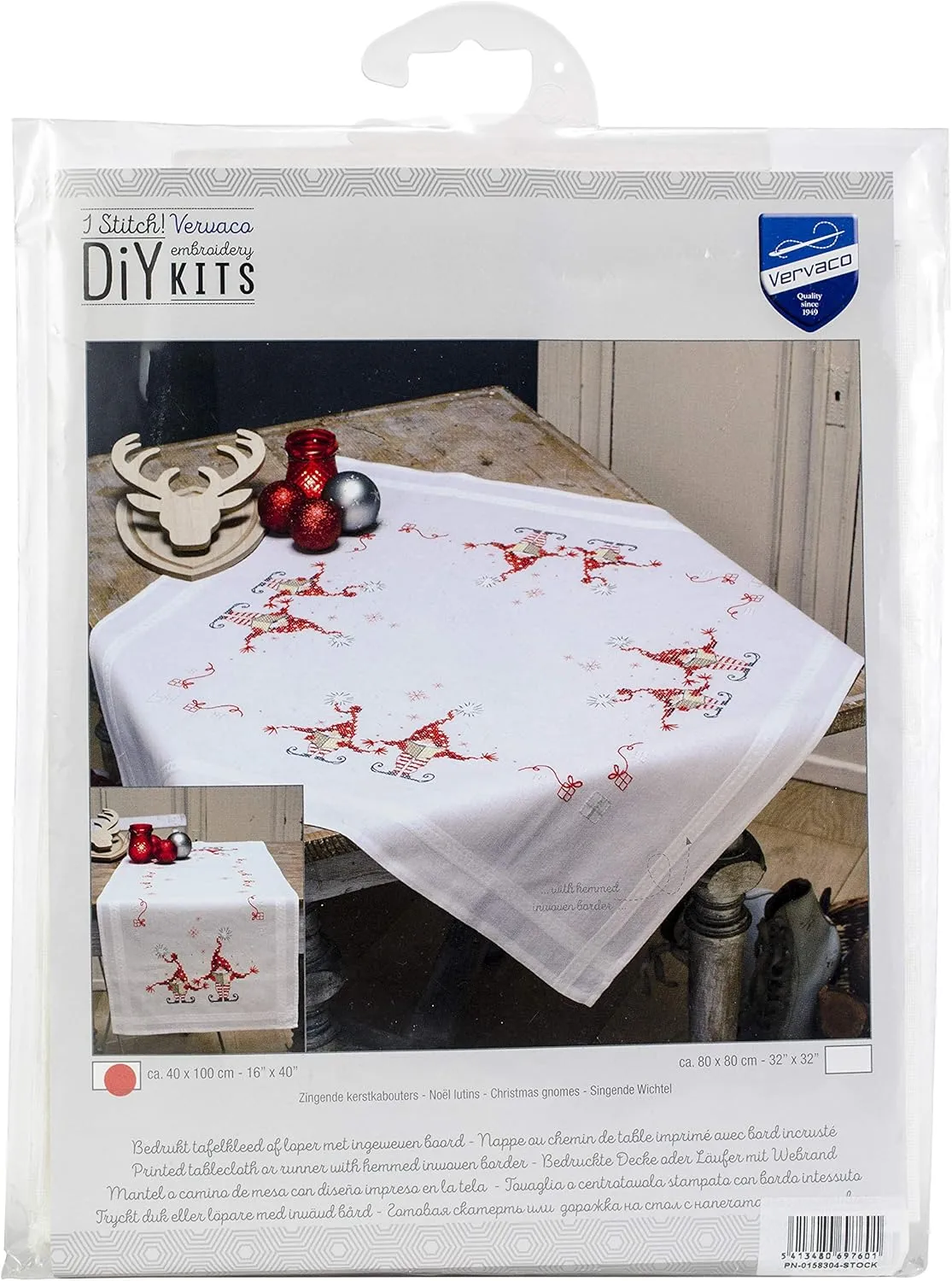 Vervaco Stamped Cross Stitch Table Runner Kit for Christmas Caroling Gnomes Holiday Embroidery Set ca. 16" x 40" DIY Home Decor Art and Craft Supply Creative Gift for Crafters