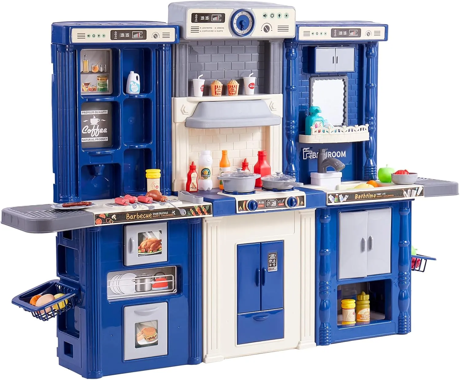 VEVOR Kids Kitchen Playset, 3-in-1 Toddler Kitchen with Simulated Spray, Sounds and Lights, Play Kitchen Set with 74 PCS Cooking Accessory Set for Toddlers, Preschoolers, Children Ages 3-8, Blue