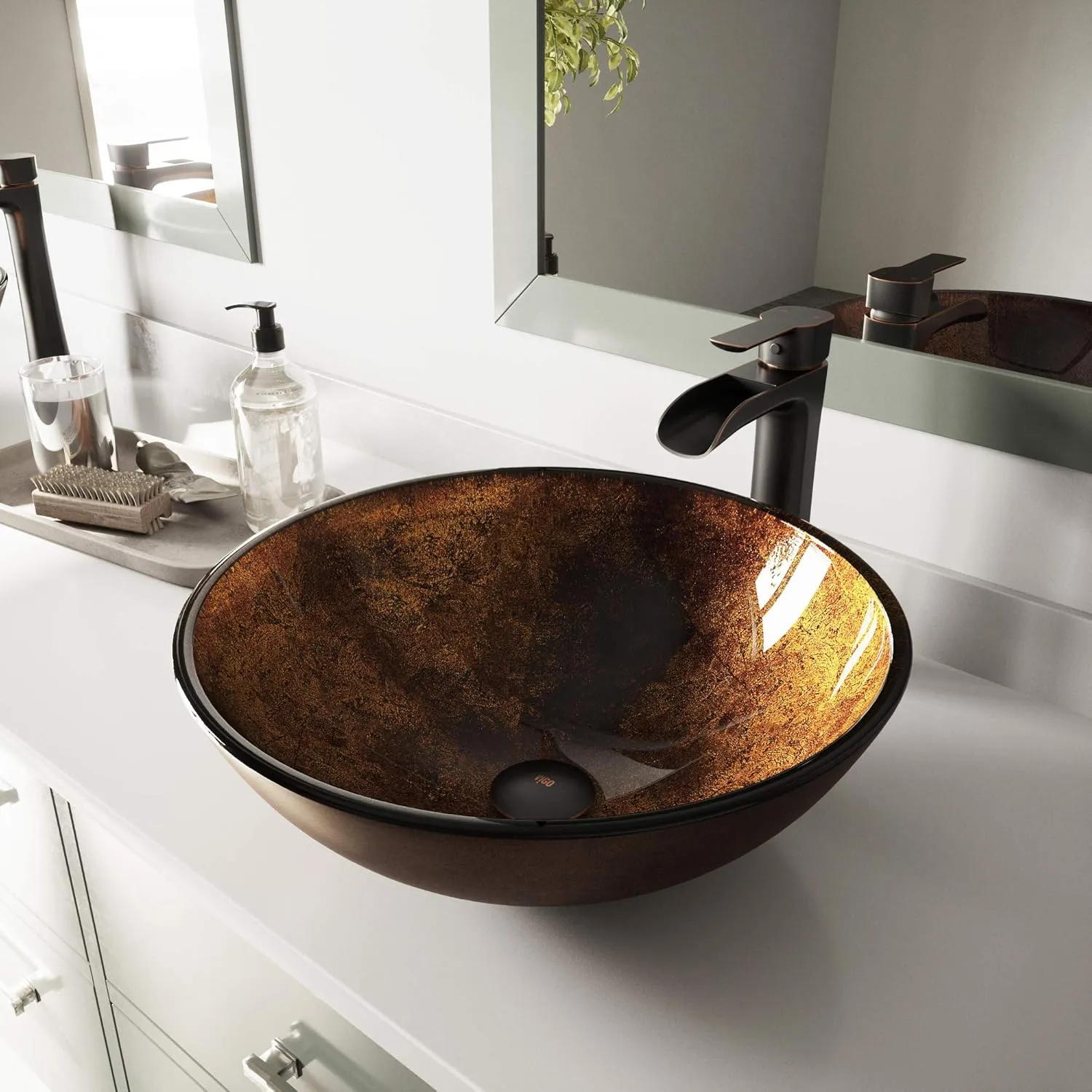 VIGO Giovanni 17"L x 17"W "6"H Over the Counter Glass Round Vessel Bathroom Sink in Golden Brown -VG07505