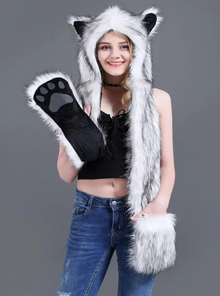Viking Costume Wolf Animal Hood Hoods Faux Fur Winter Hats Furry Hoodie Scarf Paws Ears Pocket Mittens Gloves for Women Men