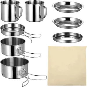 Vosarea 8pcs Portable Stainless Steel Cookware Outdoor Cooking Hiking Picnics Lightweight Cooking Tool with Bag Compatible with All Stovetops