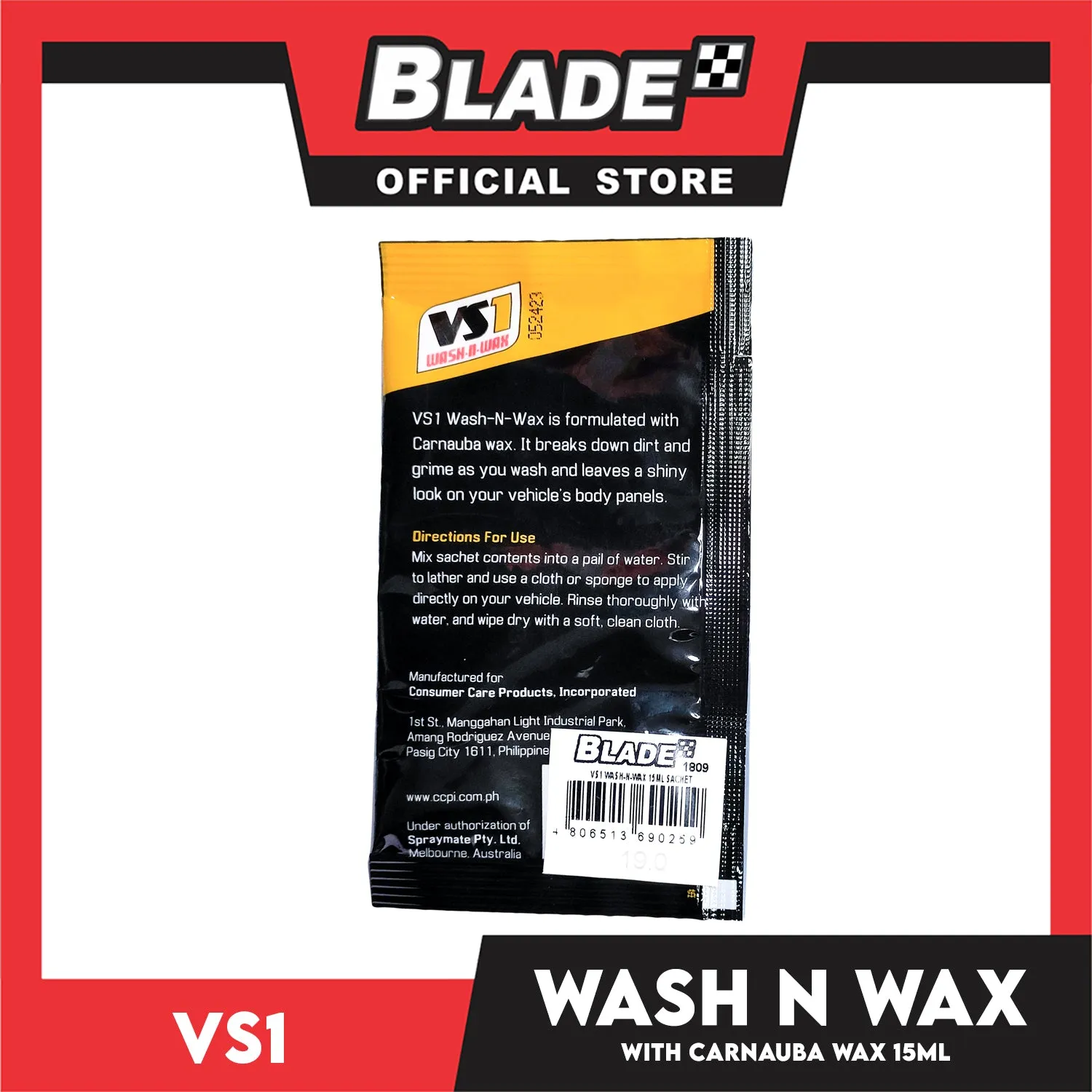 VS1 Wash And Wax 15ml Sachet For Car And Motorcycle
