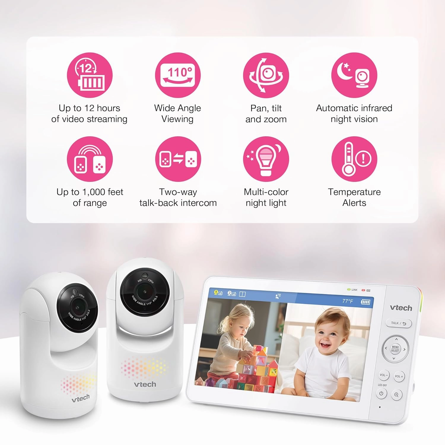 VTech Advanced HQ Max Twin 7" Digital Video 2-Cameras Baby Monitor with Pan Tilt Zoom, Long Battery Life 5000mAh, IPS Screen, Adaptive Multi-Color Night Light, 2-Way Talk, HQ Display, No WiFi, White