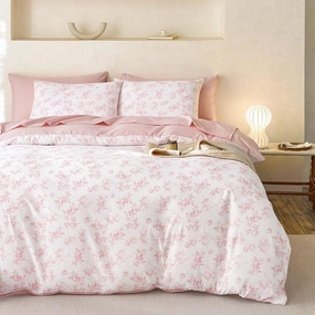 Wake In Cloud - Cottagecore Duvet Cover Set, Floral Vintage Flower Shabby Chic Coquette Aesthetic for Women Teen Girls, Soft Lightweight Bedding, 3-Piece, Pink, Twin/Twin XL Size
