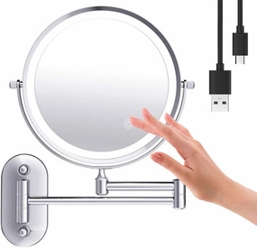 Wall Mounted Makeup Mirror 5X Magnification Double Sided Folding Led Bathroom Mirror Retractable 360°Swivel Illuminated Vanity Mirror,USB Rechargeable,8 Inches