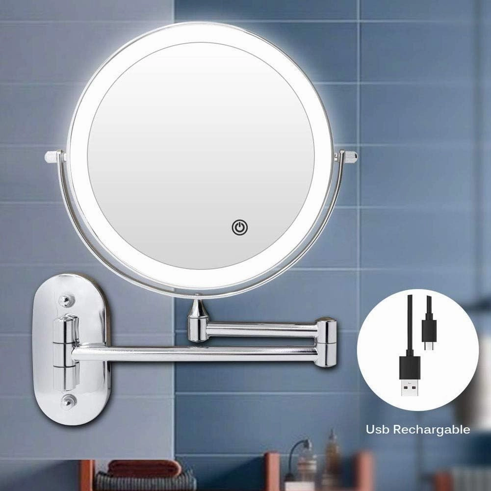 Wall Mounted Makeup Mirror 5X Magnification Double Sided Folding Led Bathroom Mirror with 3 Color Lights Retractable 360°Swivel Illuminated Vanity Mirror,USB Rechargeable,8 inch