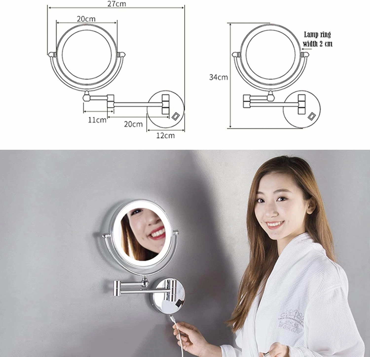 Wall Mounted Makeup Mirror, Portable Vanity Mirror with Lights, Cosmetic Mirror Magnification, Swivel Rechargeable Detachable Easy to Install, for Bathroom Bedroom
