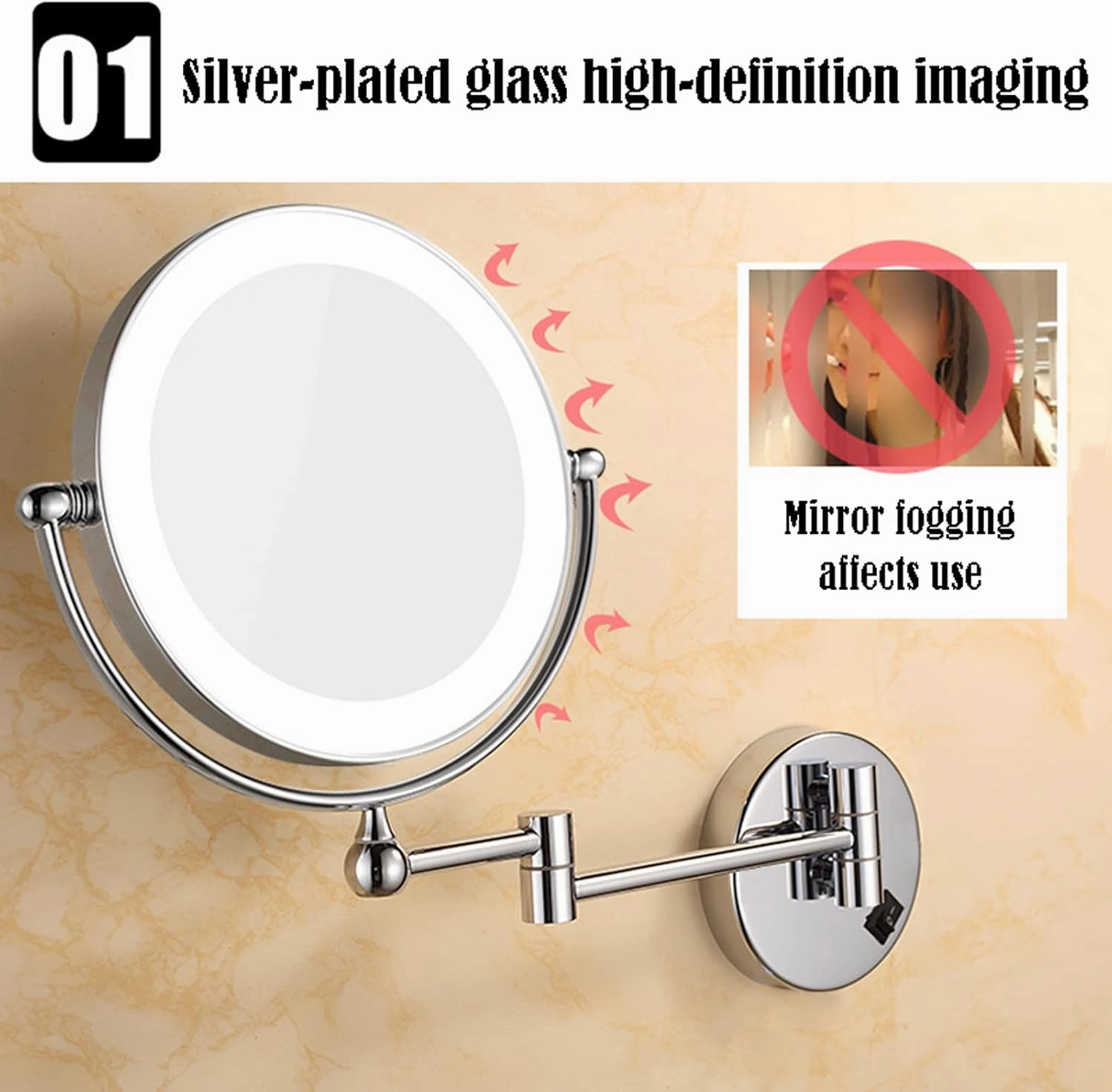 Wall Mounted Makeup Mirror, Portable Vanity Mirror with Lights, Cosmetic Mirror Magnification, Swivel Rechargeable Detachable Easy to Install, for Bathroom Bedroom