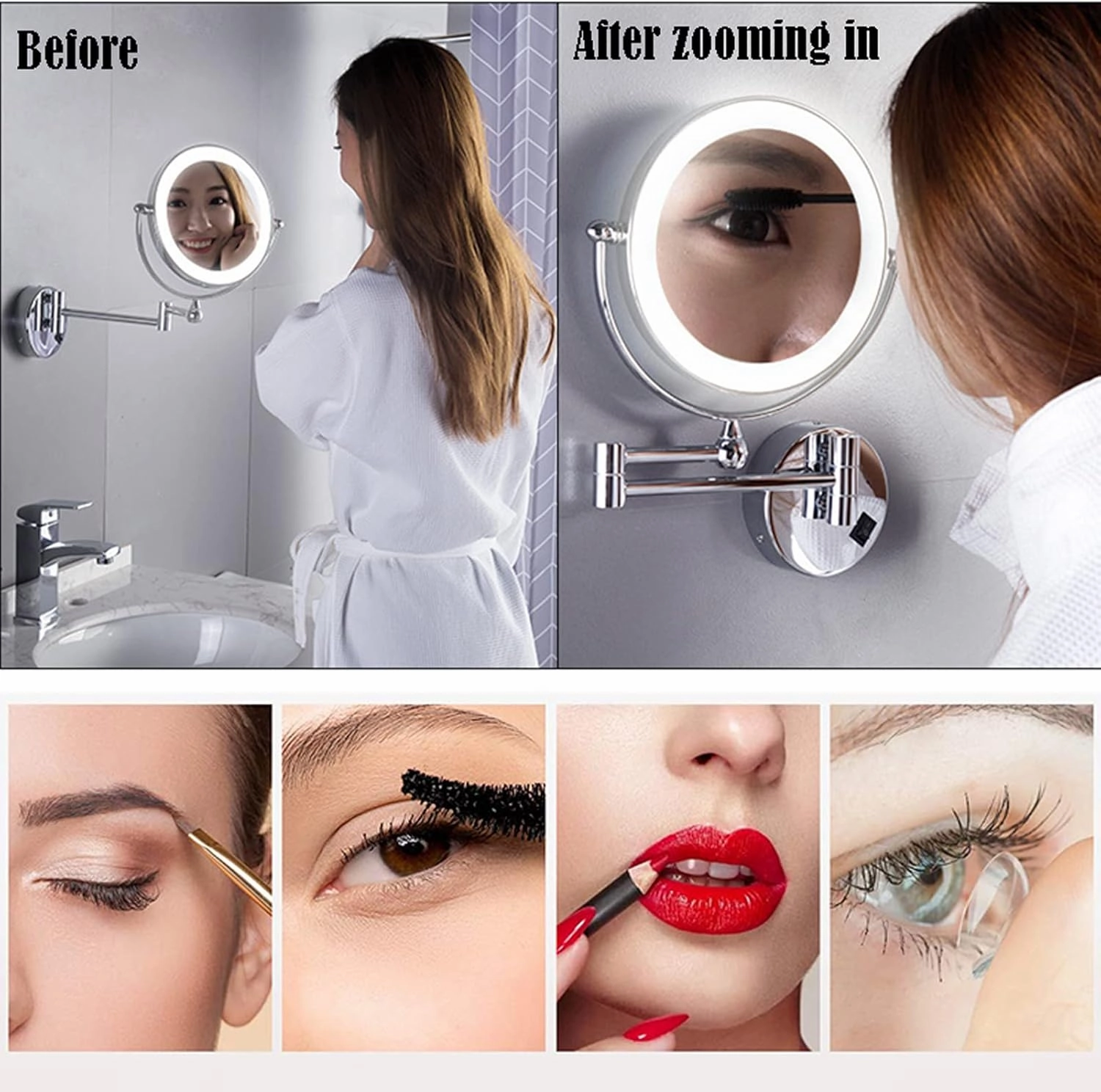 Wall Mounted Makeup Mirror, Portable Vanity Mirror with Lights, Cosmetic Mirror Magnification, Swivel Rechargeable Detachable Easy to Install, for Bathroom Bedroom