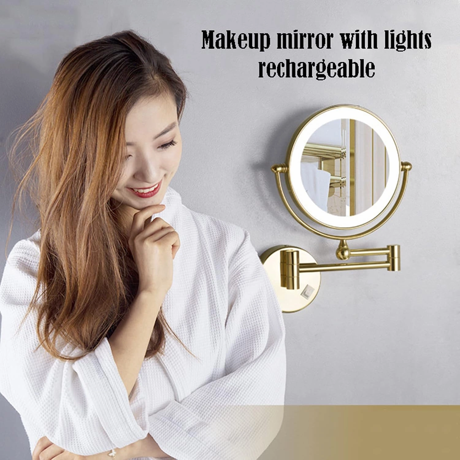 Wall Mounted Makeup Mirror, Portable Vanity Mirror with Lights, Cosmetic Mirror Magnification, Swivel Rechargeable Detachable Easy to Install, for Bathroom Bedroom