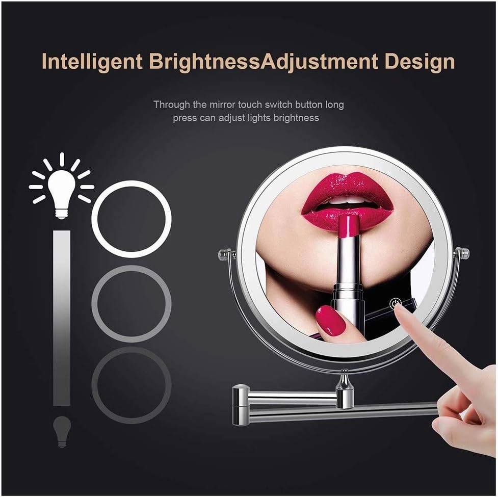 Wall Mounted Vanity Mirror with Lights 10x Magnification, 360°Swivel and Extendable Makeup Mirror Rechargeable Double Sided Cosmetic Vanity Mirror for Bathroom Hotels10X