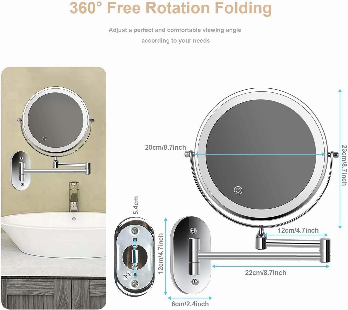 Wall Mounted Vanity Mirror with Lights 10x Magnification, 360°Swivel and Extendable Makeup Mirror Rechargeable Double Sided Cosmetic Vanity Mirror for Bathroom Hotels10X