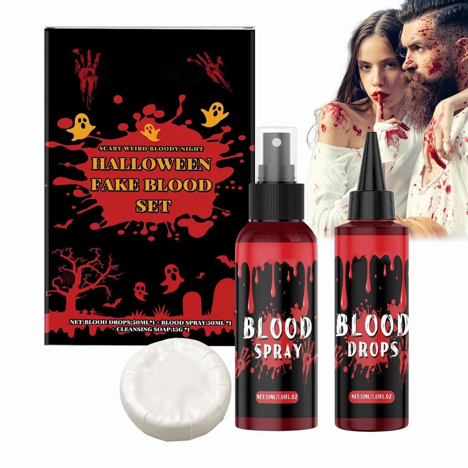 Washable Fake Blood - Fake Blood Makeup Kit,Face Paint Spray Drops Cleaning Soap for Women Men Vampire Zombie Cosplay Dress up Masquerade Props