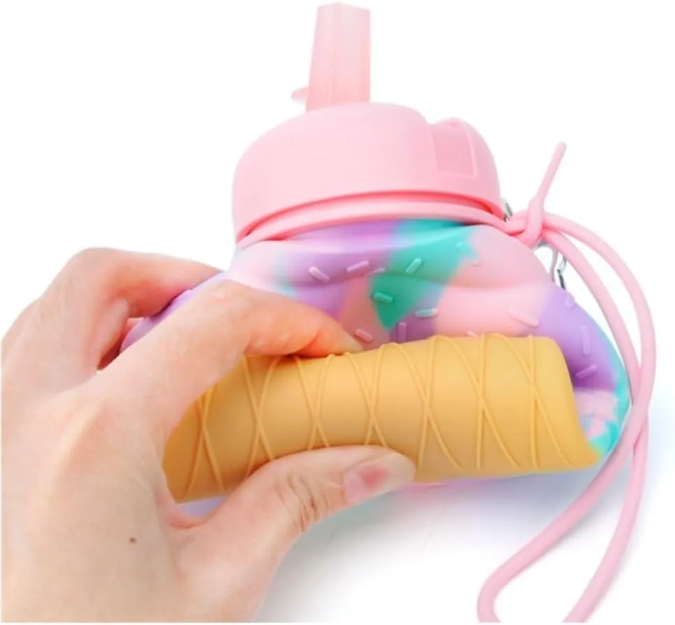 Water Bottle Cartoon Kettle Portable Anti-Fall and Leak-Proof Silicone Folding Water Cup Outdoor Sports Cup(Blue Robot for Kids)