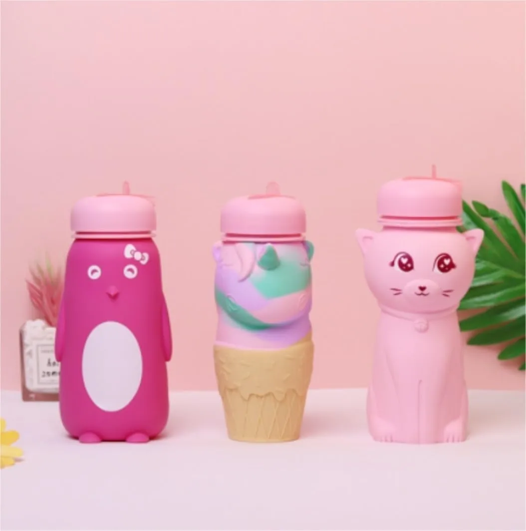 Water Bottle Cartoon Kettle Portable Anti-Fall and Leak-Proof Silicone Folding Water Cup Outdoor Sports Cup(Blue Robot for Kids)
