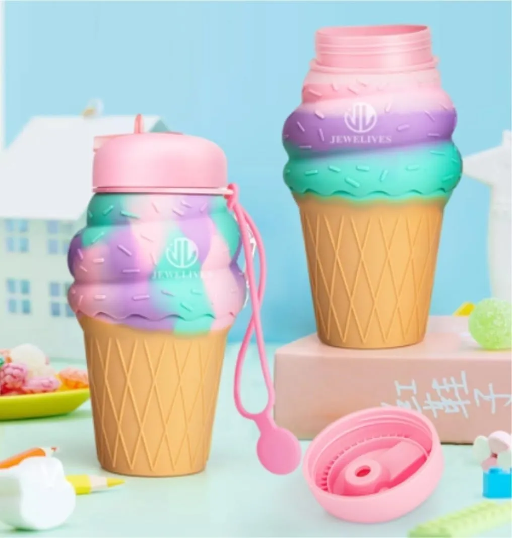 Water Bottle Cartoon Kettle Portable Anti-Fall and Leak-Proof Silicone Folding Water Cup Outdoor Sports Cup(Blue Robot for Kids)